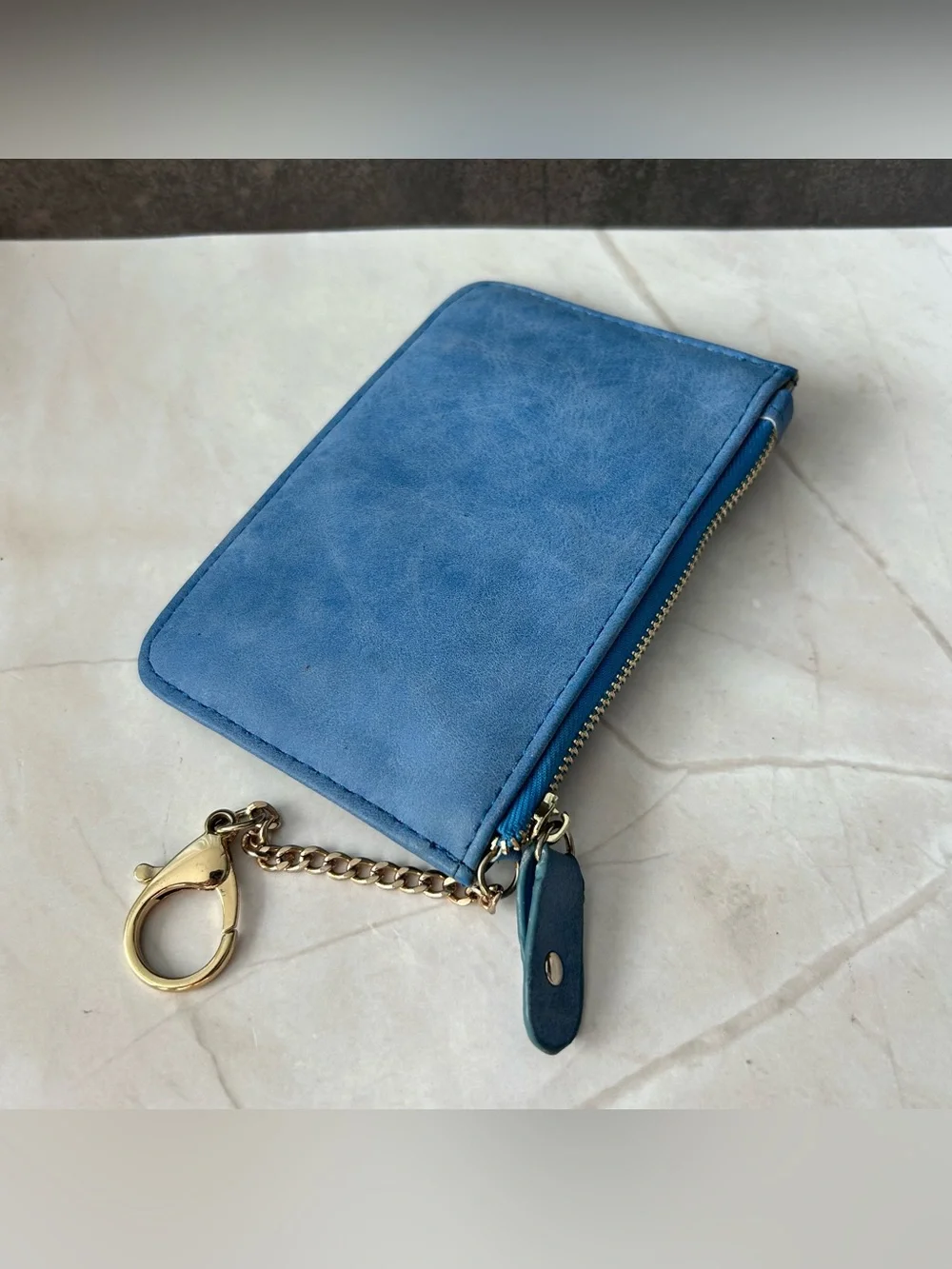Blue Suede Bow Accent Wristlet Key Pouch